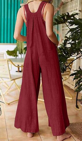 loveimgs Women's Loose Sleeveless Printed Bib Overalls Pockets Wide Leg Palazzo Pants Tank Jumpsuit in Kuwait