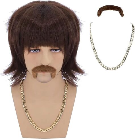 Cfalaicos 3-Pieces Chain and Moustache and Short Brown Costume Wig 60S 70S Mens Party Wig (Sonny Bono Short Brown) in Kuwait