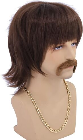 Cfalaicos 3-Pieces Chain and Moustache and Short Brown Costume Wig 60S 70S Mens Party Wig (Sonny Bono Short Brown) in Kuwait