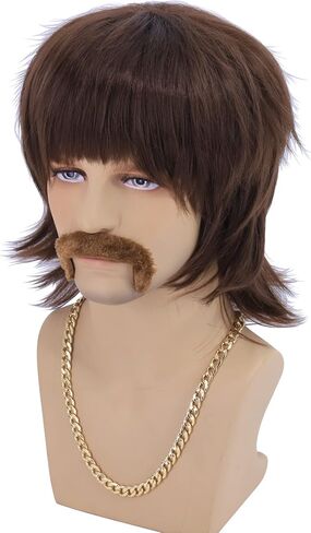 Cfalaicos 3-Pieces Chain and Moustache and Short Brown Costume Wig 60S 70S Mens Party Wig (Sonny Bono Short Brown) in Kuwait