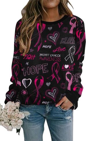 ALLTB Breast Cancer Shirts For Women Pink Ribbon Sweatshirt Cancer Fight Awareness Shirt Faith Casual Long Sleeve Tops in Saudi Arabia