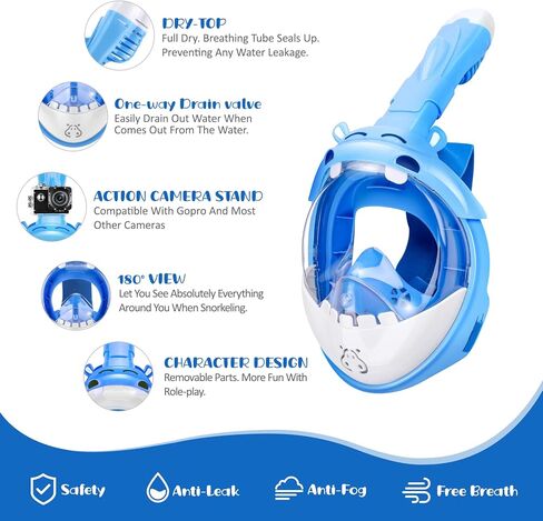قناع الغطس لكامل الوجه للأطفال من جيميت، مجموعة غطس للأطفال رؤية بانورامية 180 درجة مع حامل الكاميرا، جزء علوي جاف قابل للطي ومضاد للتسرب ومضاد للضباب للغطس للأولاد والبنات in Kuwait
