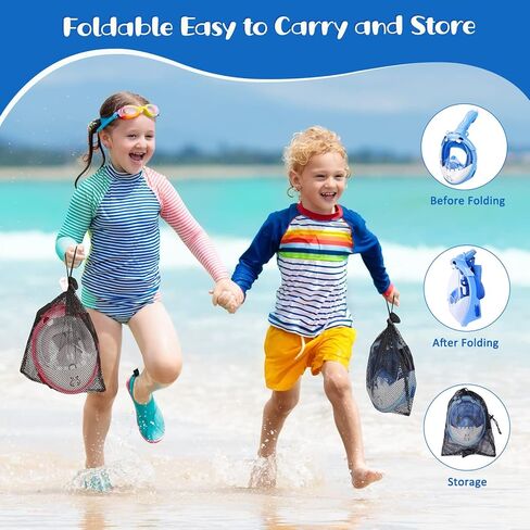 قناع الغطس لكامل الوجه للأطفال من جيميت، مجموعة غطس للأطفال رؤية بانورامية 180 درجة مع حامل الكاميرا، جزء علوي جاف قابل للطي ومضاد للتسرب ومضاد للضباب للغطس للأولاد والبنات in Kuwait