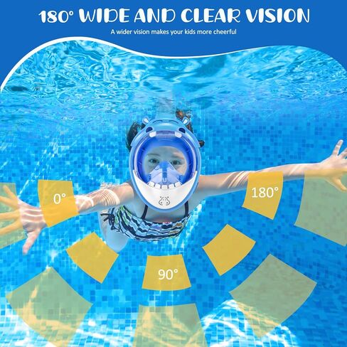 قناع الغطس لكامل الوجه للأطفال من جيميت، مجموعة غطس للأطفال رؤية بانورامية 180 درجة مع حامل الكاميرا، جزء علوي جاف قابل للطي ومضاد للتسرب ومضاد للضباب للغطس للأولاد والبنات in Kuwait