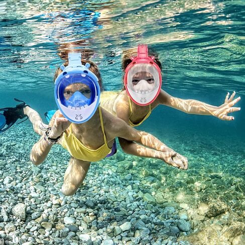 قناع الغطس لكامل الوجه للأطفال من جيميت، مجموعة غطس للأطفال رؤية بانورامية 180 درجة مع حامل الكاميرا، جزء علوي جاف قابل للطي ومضاد للتسرب ومضاد للضباب للغطس للأولاد والبنات in Kuwait