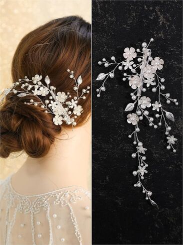 SELFCLOUD Silver Hair Vine Flower Bridal Hair Pieces Pearl Bridal Hair Accessories Wedding Hair Accessories Hair Pieces For Brides Women Wedding 1PCS in Saudi Arabia