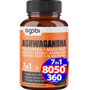 كمية تكفي لمدة عام - مكمل أشواغاندا 8050 ملجم - مزيج من الحلبة والماكا والكركم والروديولا والزنجبيل والفلفل الأسود - دعم المزاج والقوة والروح والطاقة - 360 كبسولة in Kuwait