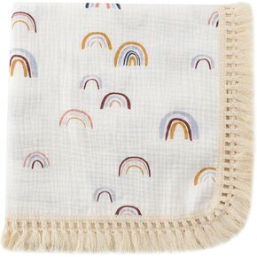 CHUNGEL Boho Nursery Decor Rainbow Baby Blanket 40"x 47", Gender Neutral Swaddle Muslin with Fringe, Cotton Muslin Blanket Baby Girl Stuff