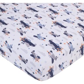 Little Love by NoJo Soar High Little One Navy, Light Blue, Orange, and White Airplanes, Clouds, and Stars Fitted Crib Sheet in Kuwait