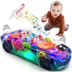 TOOTY TOY Light Up Transparent Car Toy - Fun and Interactive Electric Car Toy for Kids- Music Car with LED - Colorful Moving Gears -Tummy Time Crawling Baby Light Up Toys for Boys & Girls