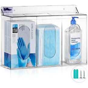 Shtiblet LLC Clear Acrylic Medical Organizer Hygiene Station with Lid - 3 Compartment Glove Dispenser Wall Mount Container for Face Masks, Hairnet, Glovebox - Hair Net Dispenser in Saudi Arabia