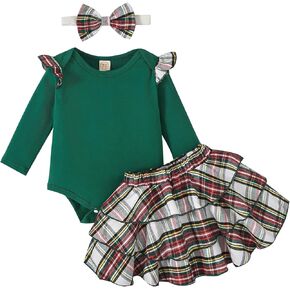 Ovmxqso Newborn Baby Girl Christmas Outfit Ruffle Ribbed Long Sleeve Romper Buffalo Snowflake Floral Pants Set Headband in Kuwait