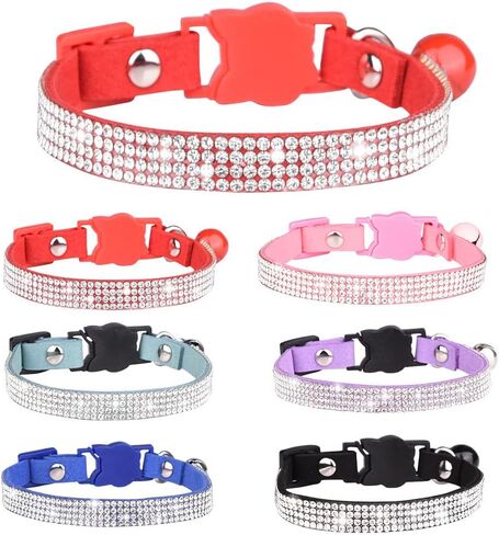 طوق قطط من حجر الراين للفتيات، أطواق انفصالية لطيفة على شكل زهرة هريرة كريستال ألماس قابلة للتعديل مع جرس جلد مخملي ناعم لامع لقطط XS صغيرة (قطعة واحدة) in Kuwait