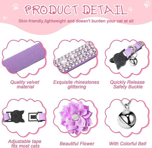 طوق قطط من حجر الراين للفتيات، أطواق انفصالية لطيفة على شكل زهرة هريرة كريستال ألماس قابلة للتعديل مع جرس جلد مخملي ناعم لامع لقطط XS صغيرة (قطعة واحدة) in Kuwait
