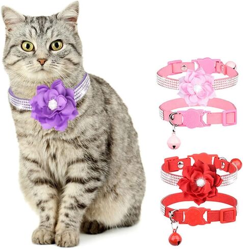 طوق قطط من حجر الراين للفتيات، أطواق انفصالية لطيفة على شكل زهرة هريرة كريستال ألماس قابلة للتعديل مع جرس جلد مخملي ناعم لامع لقطط XS صغيرة (قطعة واحدة) in Kuwait