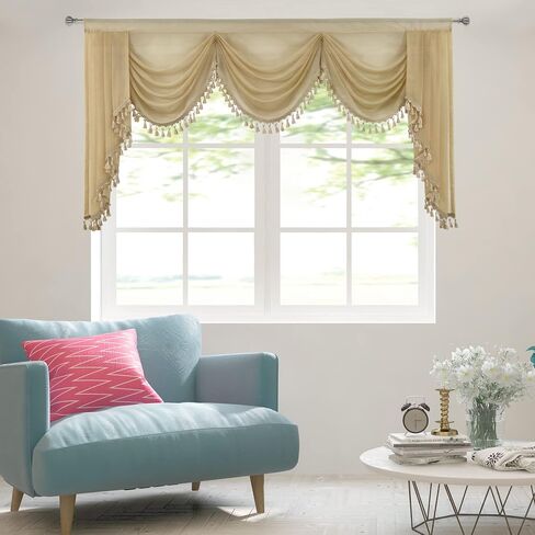 OYRING Waterfall Sheer Window Curtains Valance for Living Room - Tassels Swag Curtain Valance for Bedroom Rod Pocket Topper Curtains (Beige, W89 Inch) in Saudi Arabia