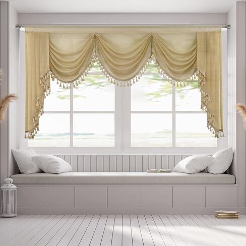 OYRING Waterfall Sheer Window Curtains Valance for Living Room - Tassels Swag Curtain Valance for Bedroom Rod Pocket Topper Curtains (Beige, W89 Inch) in Saudi Arabia