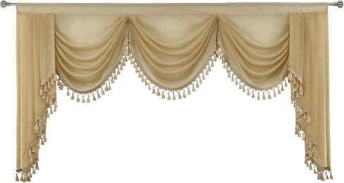 OYRING Waterfall Sheer Window Curtains Valance for Living Room - Tassels Swag Curtain Valance for Bedroom Rod Pocket Topper Curtains (Beige, W89 Inch) in Saudi Arabia