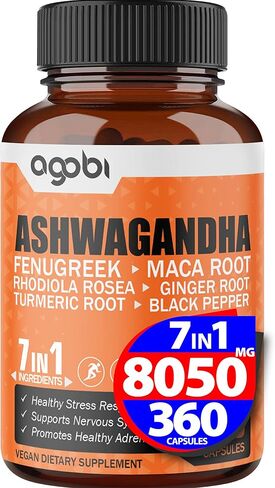 كمية تكفي لمدة عام - مكمل أشواغاندا 8050 ملجم - مزيج من الحلبة والماكا والكركم والروديولا والزنجبيل والفلفل الأسود - دعم المزاج والقوة والروح والطاقة - 360 كبسولة in Kuwait