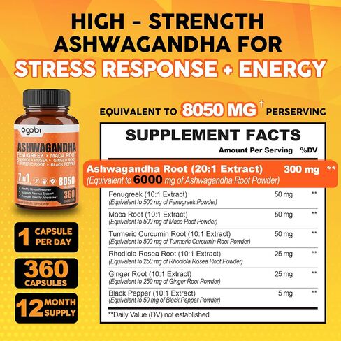 كمية تكفي لمدة عام - مكمل أشواغاندا 8050 ملجم - مزيج من الحلبة والماكا والكركم والروديولا والزنجبيل والفلفل الأسود - دعم المزاج والقوة والروح والطاقة - 360 كبسولة in Kuwait