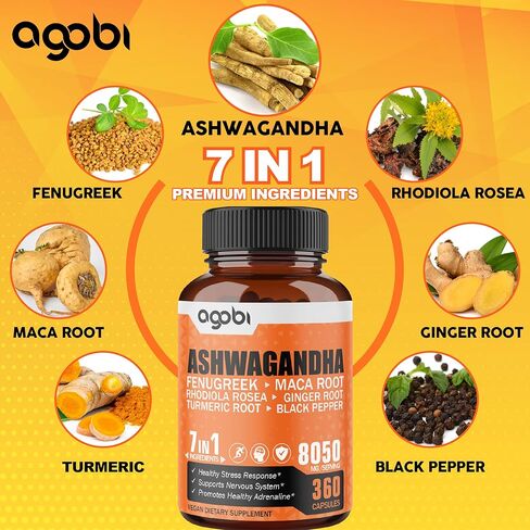 كمية تكفي لمدة عام - مكمل أشواغاندا 8050 ملجم - مزيج من الحلبة والماكا والكركم والروديولا والزنجبيل والفلفل الأسود - دعم المزاج والقوة والروح والطاقة - 360 كبسولة in Kuwait