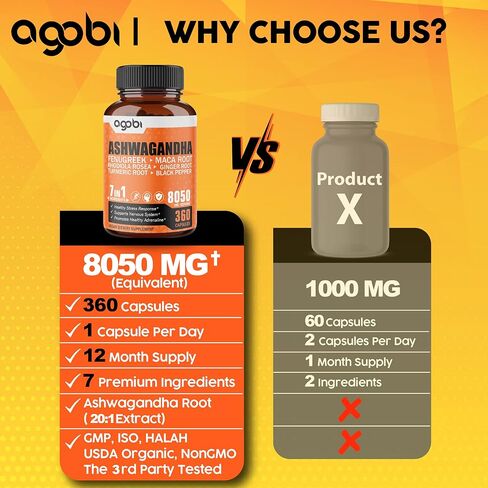 كمية تكفي لمدة عام - مكمل أشواغاندا 8050 ملجم - مزيج من الحلبة والماكا والكركم والروديولا والزنجبيل والفلفل الأسود - دعم المزاج والقوة والروح والطاقة - 360 كبسولة in Kuwait