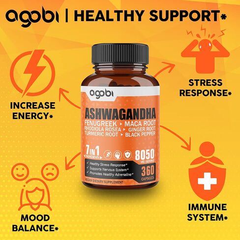 كمية تكفي لمدة عام - مكمل أشواغاندا 8050 ملجم - مزيج من الحلبة والماكا والكركم والروديولا والزنجبيل والفلفل الأسود - دعم المزاج والقوة والروح والطاقة - 360 كبسولة in Kuwait
