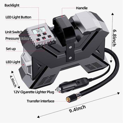Tire Inflator Portable Air Compressor Car Air Pump for Car Tires_Car Accessories. 12V DC Digital Pressure Gauge 150PSI with Emergency LED Light for Bicycle,Balls. in Saudi Arabia