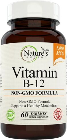 Nature's Potent Vitamin B-12، 5000 ميكروغرام، مكمل غير معدّل وراثيًا مع ميثيل كوبالامين (ميثيل ب12) - أفضل دعم لتعزيز عملية التمثيل الغذائي وزيادة مستويات الطاقة - معروض (60 قرصًا) in Kuwait