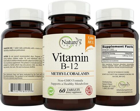 Nature's Potent Vitamin B-12، 5000 ميكروغرام، مكمل غير معدّل وراثيًا مع ميثيل كوبالامين (ميثيل ب12) - أفضل دعم لتعزيز عملية التمثيل الغذائي وزيادة مستويات الطاقة - معروض (60 قرصًا) in Kuwait