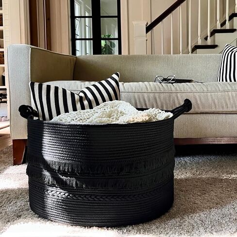 سلة تخزين كبيرة جدًا من TIMEYARD، سلة سوداء مقاس 21.7 بوصة × 13.8 بوصة مع مقبض للبطانيات وصندوق ألعاب الكلاب، وسلة مزخرفة وسلال غسيل للأطفال للملابس والوسائد والمناشف، 90 لترًا باللون الأسود in Kuwait