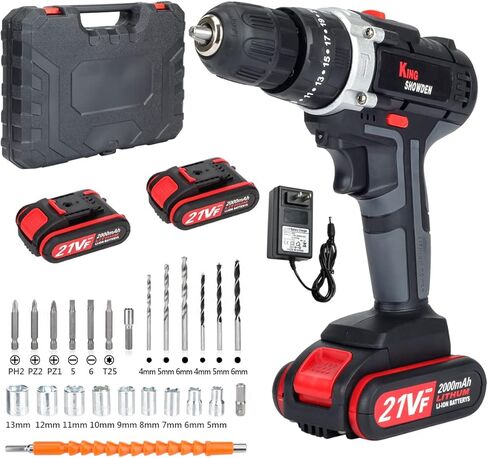 طقم مفك مثقاب لاسلكي مع بطاريتين، مثقاب كهربائي King Showden 21V 50Nm 25+3، ظرف بدون مفتاح 3/8 بوصة، سرعة متغيرة ومفك براغي كهربائي LED مدمج لجدار الحفر والطوب والخشب والمعادن in Kuwait