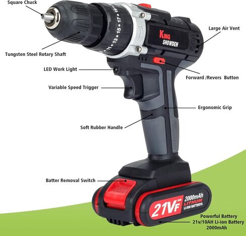 طقم مفك مثقاب لاسلكي مع بطاريتين، مثقاب كهربائي King Showden 21V 50Nm 25+3، ظرف بدون مفتاح 3/8 بوصة، سرعة متغيرة ومفك براغي كهربائي LED مدمج لجدار الحفر والطوب والخشب والمعادن in Kuwait