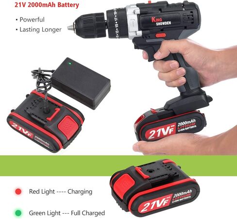طقم مفك مثقاب لاسلكي مع بطاريتين، مثقاب كهربائي King Showden 21V 50Nm 25+3، ظرف بدون مفتاح 3/8 بوصة، سرعة متغيرة ومفك براغي كهربائي LED مدمج لجدار الحفر والطوب والخشب والمعادن in Kuwait