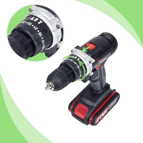 طقم مفك مثقاب لاسلكي مع بطاريتين، مثقاب كهربائي King Showden 21V 50Nm 25+3، ظرف بدون مفتاح 3/8 بوصة، سرعة متغيرة ومفك براغي كهربائي LED مدمج لجدار الحفر والطوب والخشب والمعادن in Kuwait