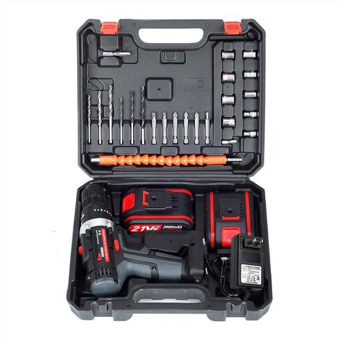 طقم مفك مثقاب لاسلكي مع بطاريتين، مثقاب كهربائي King Showden 21V 50Nm 25+3، ظرف بدون مفتاح 3/8 بوصة، سرعة متغيرة ومفك براغي كهربائي LED مدمج لجدار الحفر والطوب والخشب والمعادن in Kuwait