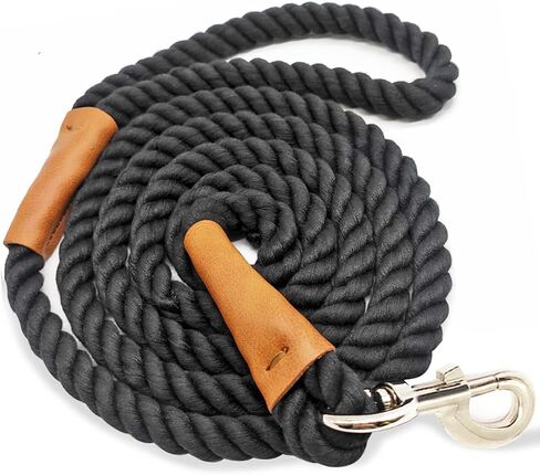 6 FT Rope Dog Leash, Soft Strong Braided Black Dog Leash with Leather Tailor Connection Pet Leash for Small Medium Large Dogs in Saudi Arabia