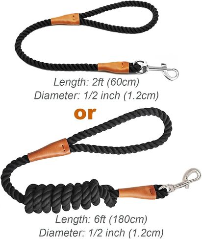 6 FT Rope Dog Leash, Soft Strong Braided Black Dog Leash with Leather Tailor Connection Pet Leash for Small Medium Large Dogs in Saudi Arabia
