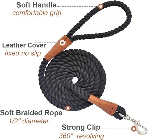6 FT Rope Dog Leash, Soft Strong Braided Black Dog Leash with Leather Tailor Connection Pet Leash for Small Medium Large Dogs in Saudi Arabia