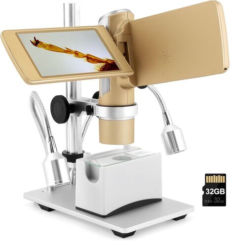 اندوستار مجهر رقمي AD203S 80-800X HDMI مع جيب بطاقة SD 32GB مجهر الكتروني للبالغين ادوات المراقبة الخارجية (ذهبي) in Kuwait