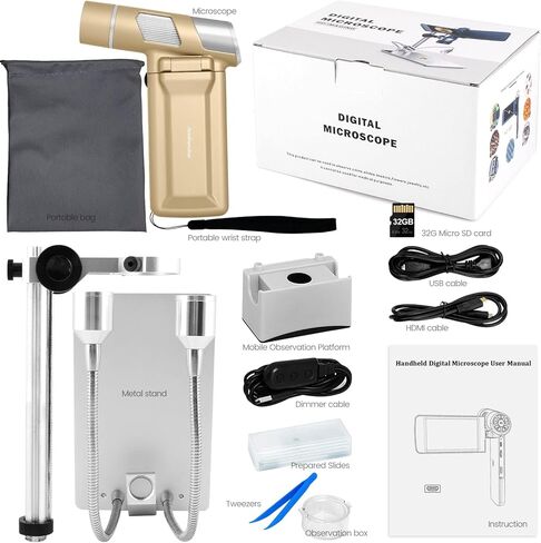 اندوستار مجهر رقمي AD203S 80-800X HDMI مع جيب بطاقة SD 32GB مجهر الكتروني للبالغين ادوات المراقبة الخارجية (ذهبي) in Kuwait