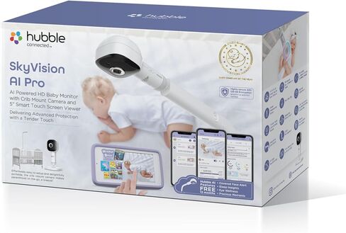 كاميرا مراقبة الأطفال الذكية المحسنة بتقنية الذكاء الاصطناعي من Hubble Connected SkyVision مع اتصال آمن، حامل لسرير الأطفال، تكبير عن بعد للإمالة، التحدث في اتجاهين، رؤية ليلية، ضوء ليلي، أصوات مهدئة، متتبع العافية، تطبيق in Kuwait