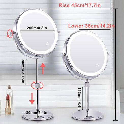 مرآة مكياج TUSHENGTU مقاس 8 بوصات مزودة بأضواء وإضاءة LED مكبرة 10x قابلة لإعادة الشحن، وتعديل دوار 360 درجة، ومرآة دوارة للزينة 3 ألوان (T840-C-10X) in Kuwait