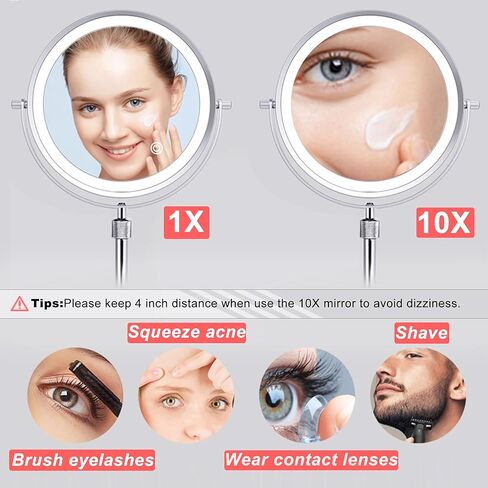 مرآة مكياج TUSHENGTU مقاس 8 بوصات مزودة بأضواء وإضاءة LED مكبرة 10x قابلة لإعادة الشحن، وتعديل دوار 360 درجة، ومرآة دوارة للزينة 3 ألوان (T840-C-10X) in Kuwait