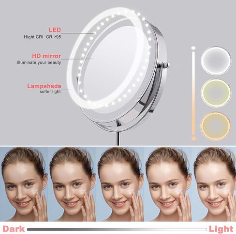 مرآة مكياج TUSHENGTU مقاس 8 بوصات مزودة بأضواء وإضاءة LED مكبرة 10x قابلة لإعادة الشحن، وتعديل دوار 360 درجة، ومرآة دوارة للزينة 3 ألوان (T840-C-10X) in Kuwait