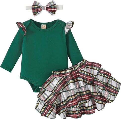 Ovmxqso Newborn Baby Girl Christmas Outfit Ruffle Ribbed Long Sleeve Romper Buffalo Snowflake Floral Pants Set Headband in Kuwait