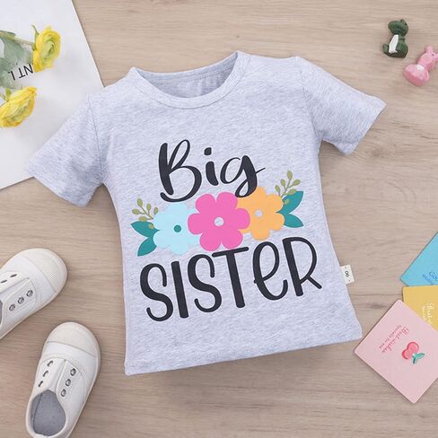 Girls Matching Clothes Little Big Sister Short Sleeve Floral Printed T-shirt Top for Baby Toddler Girls Aged 0-18M to 1-6Yrs in Kuwait