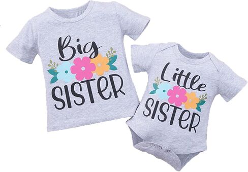 Girls Matching Clothes Little Big Sister Short Sleeve Floral Printed T-shirt Top for Baby Toddler Girls Aged 0-18M to 1-6Yrs in Kuwait