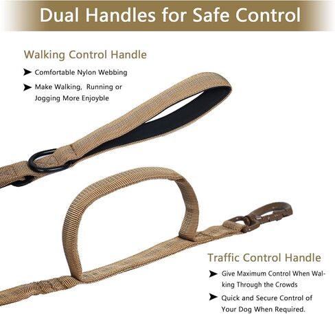 مقود بنجي للكلاب شديدة التحمل من كوباتيس للكلاب المتوسطة والكبيرة، مقود تدريب للكلاب بمقبضين، بدون سحب لامتصاص الصدمات مع مشبك مقعد السيارة (كاكي، 4 أقدام) in Kuwait