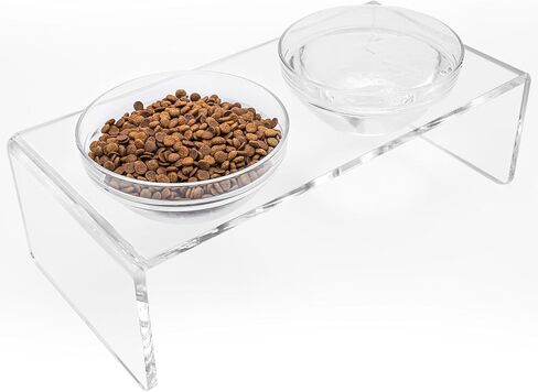 Acrylic Elevated Dog Cat Bowls Pet Feeder Double Bowl Raised Stand Comes with 2 Removable Glass Bowls and 2 Stainless Steel Bowls.Perfect for Large Dogs, 7.2" Tall in Kuwait